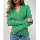 Fashion Lapel White Thin Sweater Women Autumn Sexy V-neck Slim Pink Knitted Pullovers Casual High Street Bottoming Shirt