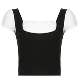Square Collar Y2K Patchwork Crop Tees Casual Vintage Kawaii Buttons Tops Short Sleeves Fashion Korean Slim Shirts