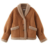 Vintage Single-breasted Faux Lamb Wool Jackets Women Autumn Winter Retro Casual Contrast Color Loose Suede Jacket Streetwea