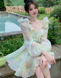 Nukty France Sweet Tie-dyed Fairy Dress Women Elegant Chic Ruffles V-Neck Long Sleeve Princess Dresses Female Casual Beach Vestidos