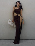 Summer New Fashion Ladies Dress Sexy Slits Slanted Shoulder Long Skirt Female Personality Hollow Party Party Dress