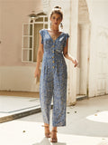 Elegant Print Jumpsuits Women Full Length Loose Casual Ruffles Jumpsuits