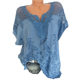 Nukty Summer Short Sleeve Womens Blouses And Tops Loose White Lace Patchwork Shirt 5xl 6xl Women Tops shirts Casual Clothes