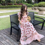 Women Long Party Strawberry Dress Summer Sequin Mesh Sweet Lolita High Waist Pink Tulle Maxi Dress Original Ruffle Hem Gown