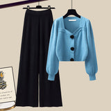 Nukty Winter Knit Sets Womens Outfits French Vintage Square Collar Knitted Sweater And Wide Leg Pants Two Pieces Sets Office Lady Sets