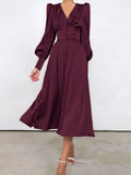 Spring and Summer New Satin Dress French Retro Lantern Sleeves Waist Slim Temperament A-line Long Skirt Woman Dress