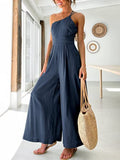 New Women's Jumpsuit Single Shoulder Strap Pleated High Waist Casual Wide Leg Jumpsuit Elegant Hakama Jumpsuit Women
