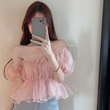 Nukty Fashion Woman Blouses Sexy Low Cut Blouse Ruffle Puff Sleeve Cute Tops Pretty Elegant Youth Clothing Korean New