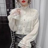 Nukty Solid Patchwork Elegant Blouse Women Spring Lace Designer Chiffon Bouse Female Office Lady Casual French Korean Tops Women