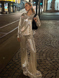 Fashion Silver Shining Long Sleeve Shirts for Women Autumn Sexy V Neck Party Club Blouse Casual High Street Outfits
