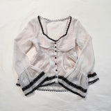 Nukty y2k Mesh Sheer Crop Tops Fairycore Flared Sleeves Button Down T Shirt Aesthetic Clothes 2000s Women Tee Korean Fashion