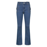 Nukty Y2K Aesthetics Retro Buttons Full Length Blue Denim Pants Women Slim Streetwear 2000s Cute Pockets Trim Low Rise Jeans