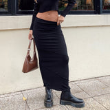 Nukty 90s Vintage Black High Waist Bodycon Maxi Skirt Chic Women Fashion Casual Slim Fit Pencil Long Skirt Harajuku Streetwear