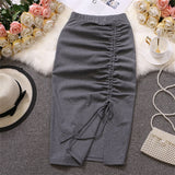 Nukty Women Solid Drawstring Sheath Skirts Elastic High Waist Female Fashion Bodycon Irregular Midi Pencil Skirts