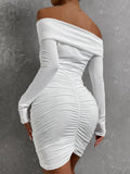 Nukty Sexy Tight Long Sleeve Short Club Dress White Evening Bodycon Dresses For Women Off Shoulder Party Mini Dress