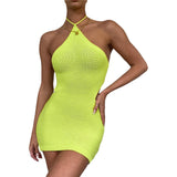 Nukty Women Knitted Bodycon Dress Sleeveless Lacing Halterneck Backless Slim Fit Mini Dress for Club Party