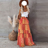 Nukty Summer Long Patchwork Print A-Line Skirt Floral Skirt Women Casual Beach Faldas Female Boho Elastic Waist Holiday Maxi Skirts