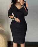 Nukty Autumn Sexy Elegant Off Shoulder Party Tight Dress Women Fashion V-Neck Hollow Out Diamond Long Sleeve Stacked Slim Dress Women