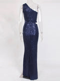 Nukty One Shoulder Silver Navy Stretchy Party Dress Sequin Hollow Out Split Leg Floor Length Bydocon Long Dresses