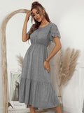 New Lace Short Sleeve Knitting Dress For Women Casual Solid O Neck Button Ladies Spring Summer Medium Long Elegant Dress