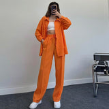 Nukty New Womans Suit Autumn Sleepwear Two-piece Women's Homewear Long Sleeve Cropped Button Shirt + Wide Leg Pants Suit Ladies