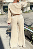 Two Piece Pleated Outfits for Women Casual Crewneck Long Sleeve Loose Fit Top and Wide Leg Palazzo Pant Suit Tracksuit