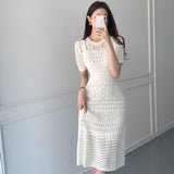 Nukty Casual Chic Korean Temperament Slim Sexy Hollow Out Dresses O Neck Short Sleeve Wrap Hip Knitted Dress White Lady Summer