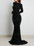 Nukty Long Sleeve Padded Sequin Maxi Dress Floor Length Sparkles Stretch V Neck Mermaid Formal Evening Night Party Gown Grey Black Red