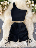 Nukty Casual Women 2 Piece Set Solid Summer Fashion One Shoulder Sleeveless Crop Top and Drawstring Shorts Workout Tracksuits