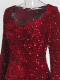 Nukty Long Sleeve Padded Sequin Maxi Dress Floor Length Sparkles Stretch V Neck Mermaid Formal Evening Night Party Gown Grey Black Red