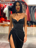 Sexy V Neck Spaghetti Starp Sleeveless Black Dresses Women Elegant High Split Pleated Evening Party Midi Dresses Formal