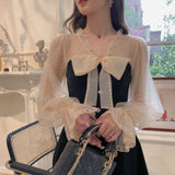 Nukty Vintage Elegant Mini Party Dress for Women Casual Lace Long Sleeve Dresses Bow Sexy One Piece Dress Korean Black Autumn New