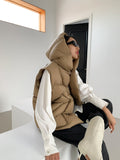Autumn Winter Down Vest Hooded Waistcoat Khaki Down Sleeveless Jacket Warm Streetwear Pockets Oversize Puffer Coat Outwear