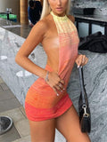 Nukty Summer Gradient Backless Knit Dress Women New Mini Beach Party Halter Dress Holiday Slim Ladies Stretch Sweater Dress