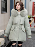 Medium Long Hooded Parka With Fur Collar Winter Jackets For Women Casual Cotton Liner Coat Adjustable Waist