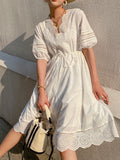 Vintage Women's Dresses Hollow Flower Embroidery V-Neck Puff Sleeve Midi Dress Bow Lace-Up Bohemian Prom Dress White