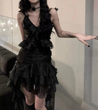 Nukty Y2K Mini Dress Summer Gothic Strap Ruffles Fairy Dress Women Sleeveless Irreular V-neck Cake Dress Emo Alt Vintage Goth