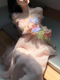 Nukty Harajuku French Korean Sweet V-Neck Camisole Sleeveless Sexy Strap Midi Maxi Dresses for Women Elegant Fairy Party Summer Pink