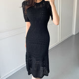 Nukty Casual Chic Korean Temperament Slim Sexy Hollow Out Dresses O Neck Short Sleeve Wrap Hip Knitted Dress White Lady Summer