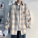Nukty Spring Autumn Casual Plaid Shirts Men Loose Turn Down Collar Long Sleeve Shirt for Man
