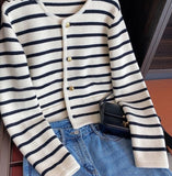 Nukty Korean Striped Cardigans For Woman Autumn Winter Fashion Long Sleeve Button Sweater Coats Vintage Female Casual Crop Knit Tops