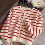 Nukty Korean Striped Cardigans For Woman Autumn Winter Fashion Long Sleeve Button Sweater Coats Vintage Female Casual Crop Knit Tops