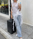 Nukty Mesh Sleeveless Backless Solid Tassel See Through Sexy Slim Top T Shirt Autumn Women Kawaii Party Club Halloween