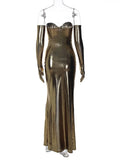 Nukty Pu Leather Strapless Draped Folds With Gloves Hollow Out Slit Maxi Prom Dress Sexy Fall Elegant Evening Party Y2K