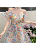 Nukty Women's Skirts Long Dress Fairy Dress French Puff Sleeve Floral Dress Sweet Gauze Bandage Beach Dress Birthday Dress for Women