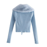 Women Faux Fur V-Neck Patchwork Cardigan Knitting Short Sweater Female Chic Long Sleeve Single Breasted Slim Blue Tops Hot-sale