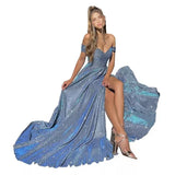Nukty Blue Off-Shoulder Full Skirt Maxi Dress Summer Elegant Vintage Evening Dress