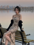 Nukty Women Slash Neck Sexy Strapless Retro Green Printing Elegant Temperament Fitting Suspender Slit Bodycon Long Midi Dress Summer