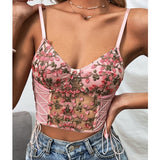 Nukty Women Sexy Pink Tank Top Flower Embroidery V-neck Summer Slim Camisole Female Tie-Up Crop Tank Tops Vest Spaghetti Straps Camis