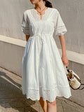 Vintage Women's Dresses Hollow Flower Embroidery V-Neck Puff Sleeve Midi Dress Bow Lace-Up Bohemian Prom Dress White